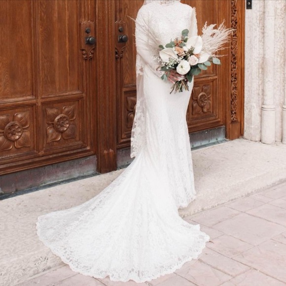Long Sleeve Illusion Boho Style Fit & Flare Wedding Dress - Picture 4 of 7